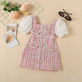 Girls Princess Dress Puff Sleeve - Pink Tweed